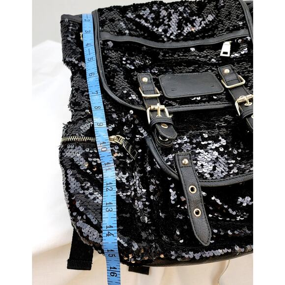 Black Sequined Leather Backpack Zippers Rivets Snaps Buckles Large Shiny Wow main image 9